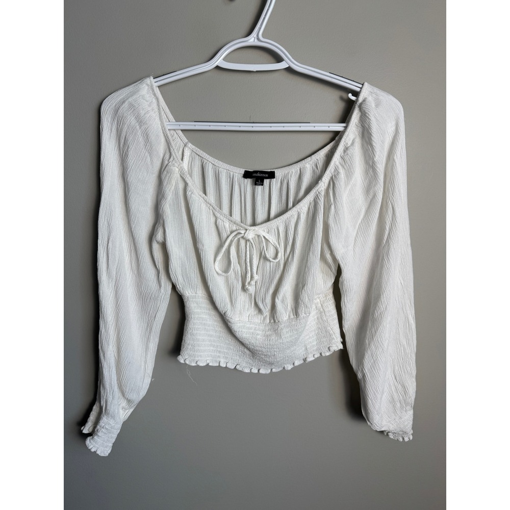 Ambiance White Long Sleeve Smocked Crop Top Size Large Peasant Cottagecore Boho